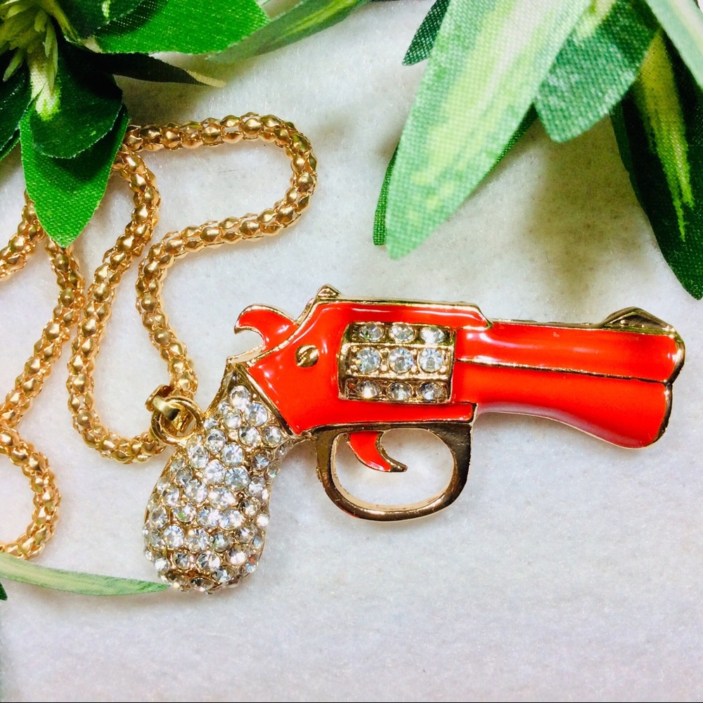 Whimsical Fun Necklace Jeweled & Enameled “Pistol Whipped” Pendant on 28”L Chain